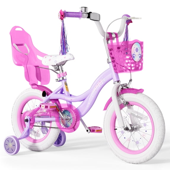 XJD 14 inch Girls Bike for age 3-5 Years Toddlers Bike With Training Wheels, Adjustable Kids Bike With Handbrake Basket, Princess Bicycle,Purple