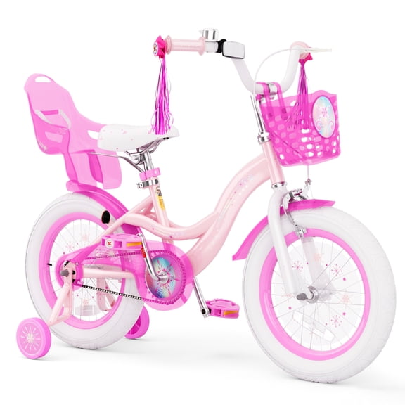 XJD 16 inch Girls Bike for age 4-7 Years Toddlers Little Girls Bike With Training Wheels,Adjustable Kids Bike With Handbrake Basket, Princess Bicycle,Pink