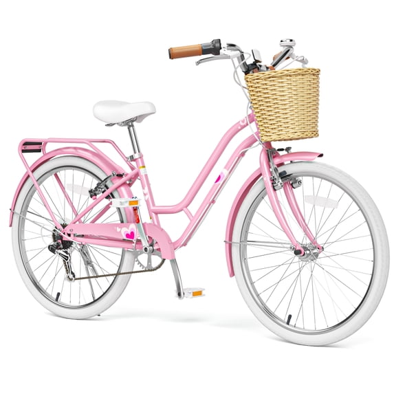 XJD 24 inch Girl Cruiser Kids Bike 7-Speed Shimano shifter lever,Aluminum V-brakes,Teen City Bicycle 20/24inch with Rack&Wicker Basket For Ages 7-14 Years Old, Pink