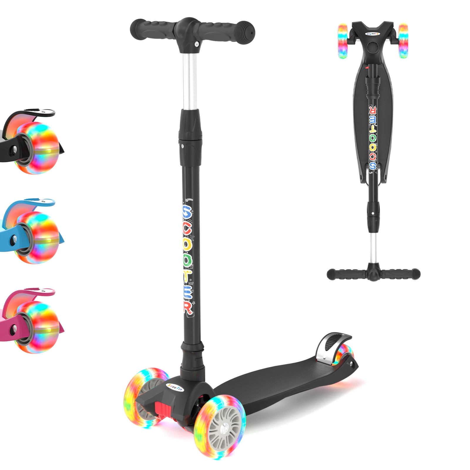 XJD 3 Wheel Kick Scooter for Kids,Foldable 3 Wheels Toddlers Scooter with LED Light & Adjustable Height, Best Gift for Boys Girls Outdoor Activities, Peach