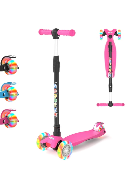 3 Wheel Kick Scooter for Kids,Foldable 3 Wheels Toddlers Scooter with LED Light & Adjustable Height, Best Gift for Boys Girls Outdoor Activities, Peach