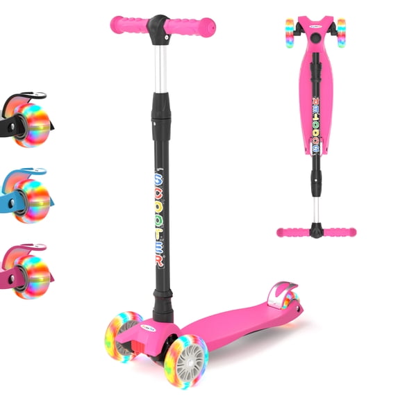 XJD 3 Wheel Kick Scooter for Kids,Foldable 3 Wheels Toddlers Scooter with LED Light & Adjustable Height, Best Gift for Boys Girls Outdoor Activities, Peach