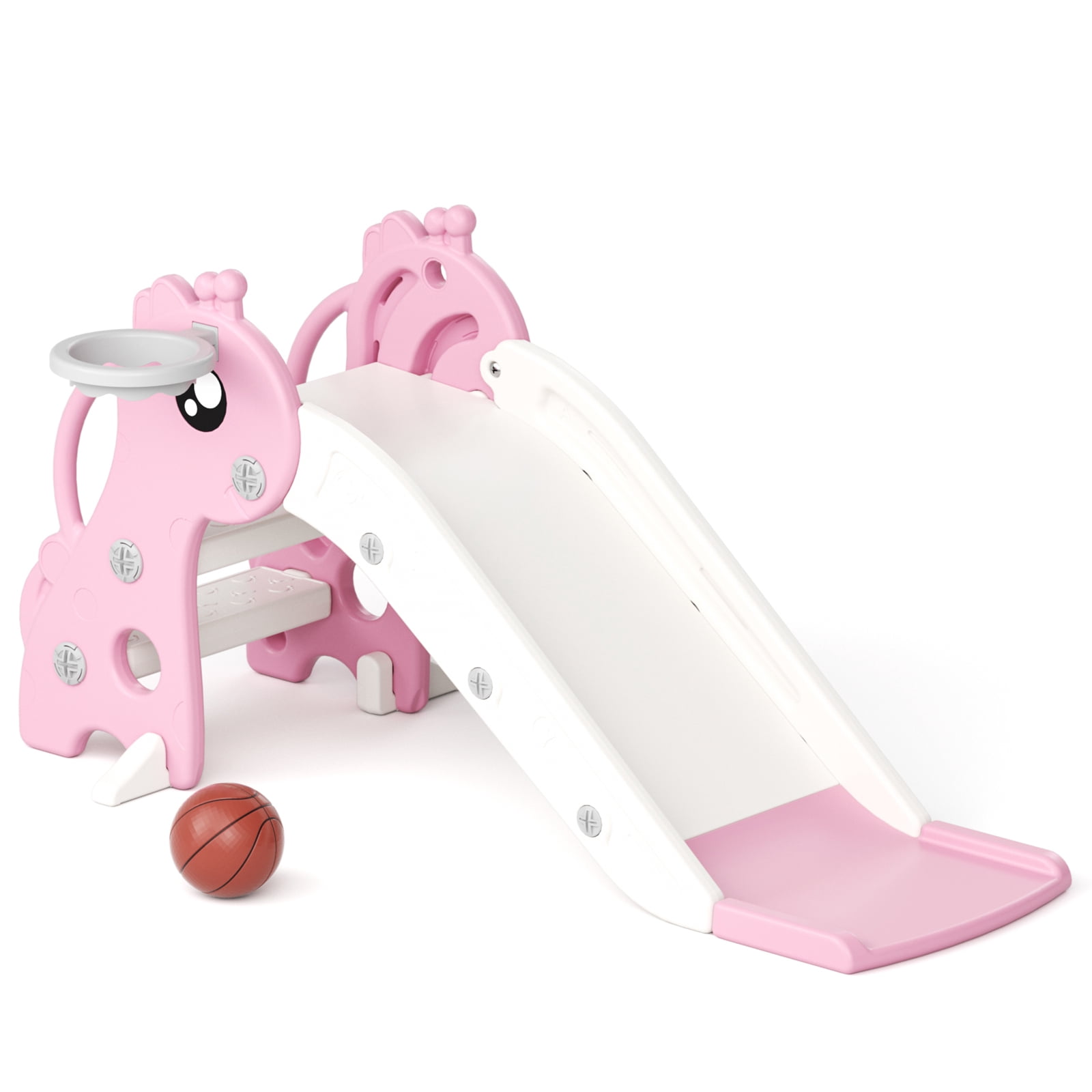 XJD 3 in 1 Toddler Slide, Baby Slide Climber Playset with Basketball Hoop and Ball, Indoor and Outdoor Playground for Kids (Pink)