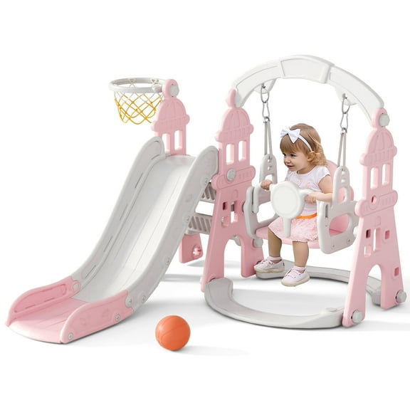 XJD 4-in-1 Kids Slide and Swing Set - Perfect for Toddlers 1-5 Years - Extra-Large Indoor and Outdoor Playground - Includes Slide, Swing, Basketball Hoop, and Climber - Pink