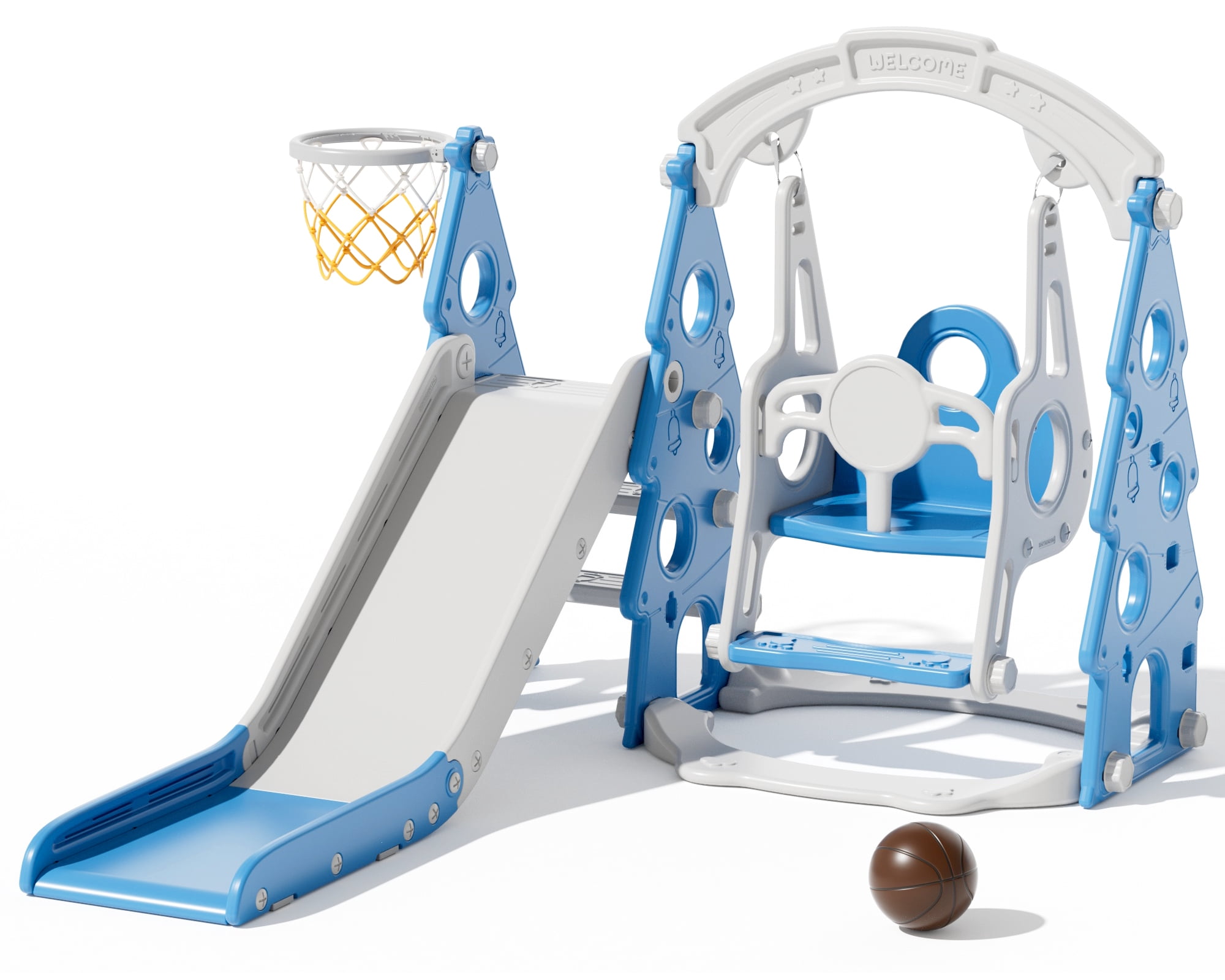 XJD 4-in-1 Toddler Slide and Swing Set, Kids Indoor Outdoor Playset with Basketball Hoop, Backyard Playground for Toddlers 1-3 Years Old, Blue