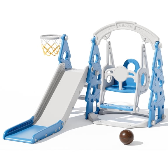 XJD 4-in-1 Toddler Slide and Swing Set, Kids Indoor Outdoor Playset with Basketball Hoop, Backyard Playground for Toddlers 1-3 Years Old, Blue