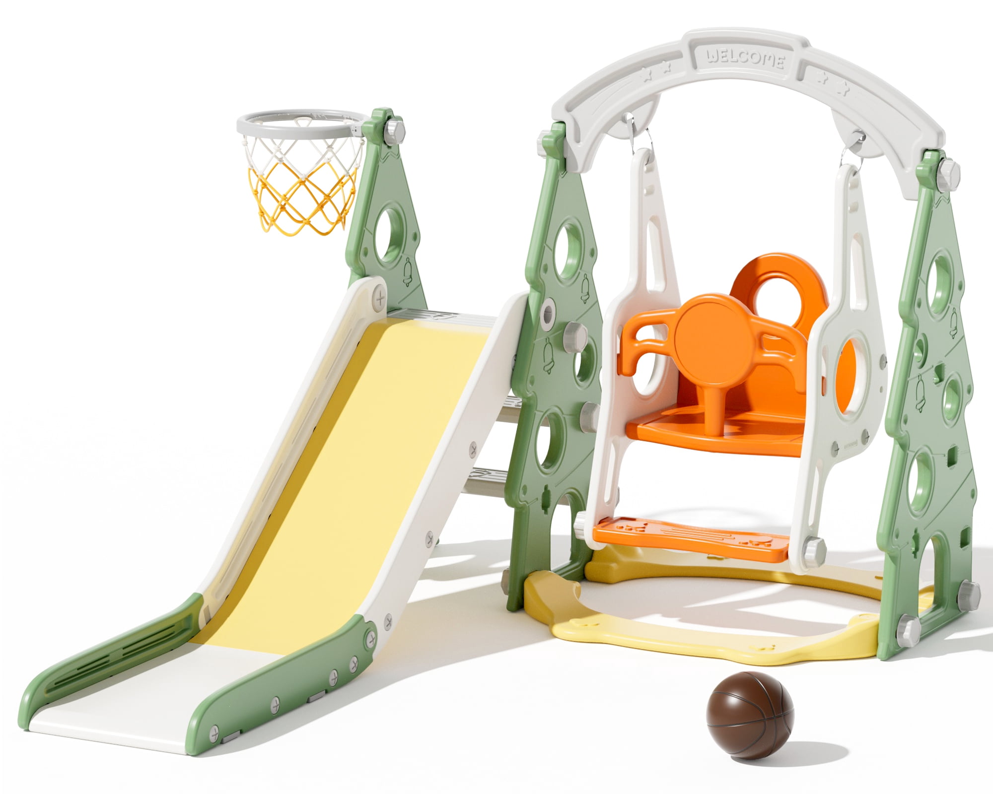 XJD 4-in-1 Toddler Slide and Swing Set, Kids Indoor Outdoor Playset with Basketball Hoop, Backyard Playground for Toddlers 1-3 Years Old, Green