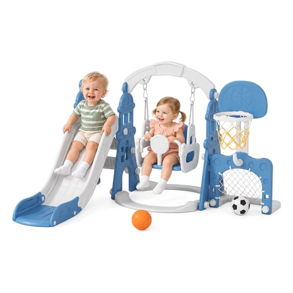 XJD 5 in 1 Kids Slide for Toddlers Age 1-3 Slide and Swing Set Climber for Children Baby Indoor Outdoor, Basketball Hoop, Football Gate, Playsets Playground Sets for Backyards, Blue