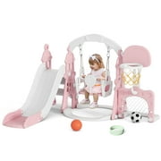 XJD 5 in 1 Toddler Swing and Slide for Toddlers Age 1-3 Slide and Swing Set Climber for Children Baby Indoor Outdoor, Basketball Hoop, Football Gate, Playsets Playground Sets for Backyards, Pink