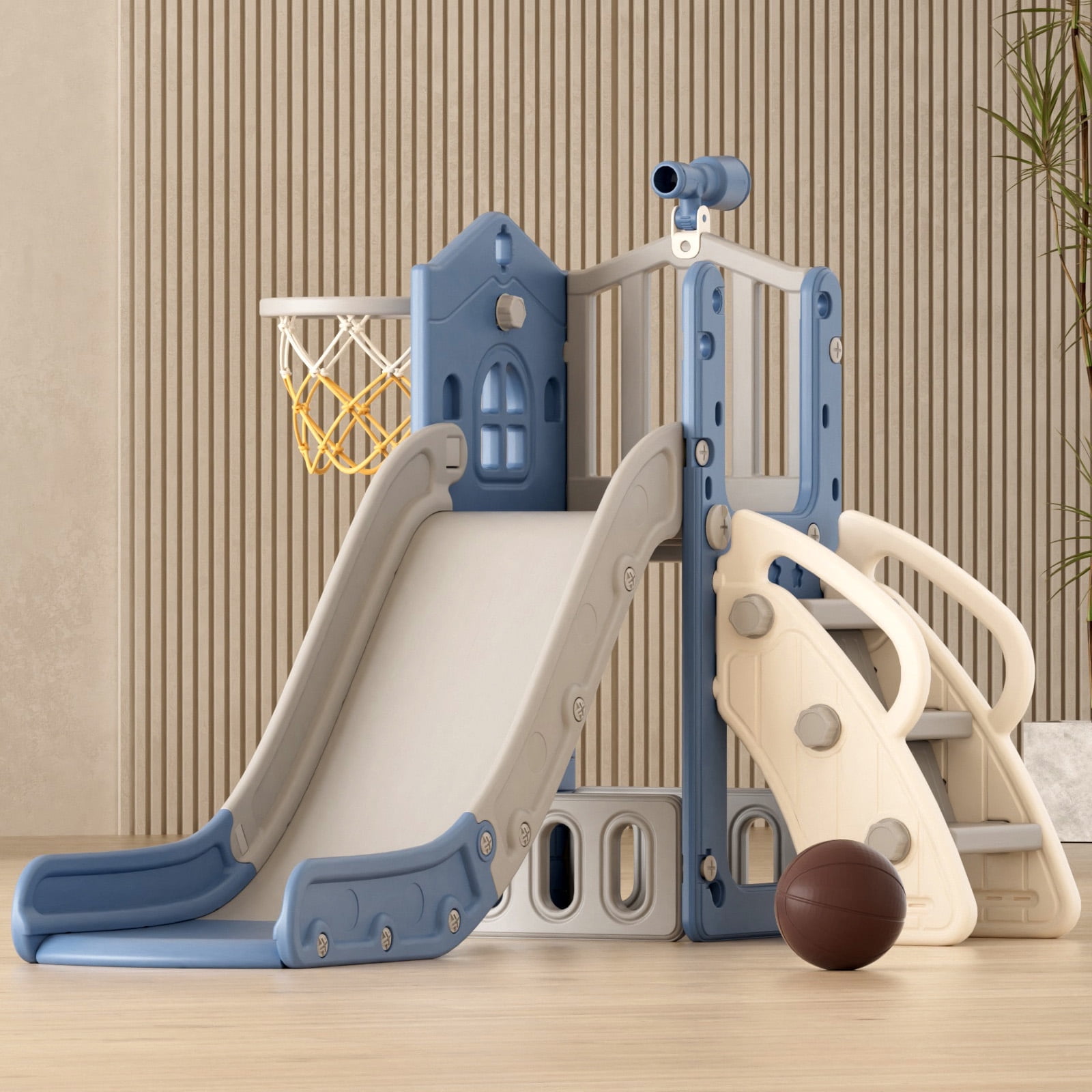 XJD 5 in 1 Toddler Slide, Kids Climber Slide with Basketball Hoop and Ball, Indoor Outdoor Playset for Toddlers Age 1-4 (Blue)