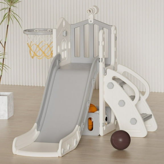 XJD 5 in 1 Toddler Slide, Kids Climber Slide with Basketball Hoop and Ball, Indoor Outdoor Playset for Toddlers Age 1-4 (Grey)