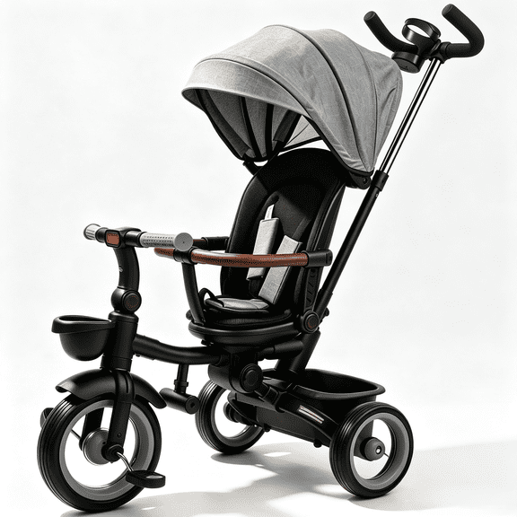 XJD 7-in-1 Toddler Bike with Push Handle for Ages 1-4, Foldable Lightweight Toddler Tricycle Stroller, Convertible Push Trike with Safety Harness, Gray