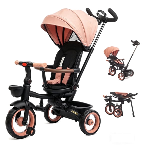 XJD 7 in 1 Tricycle for Toddlers, 2-4 Years Kids Foldable Tricycle with Adjustable Seat and Push Handle, Pink