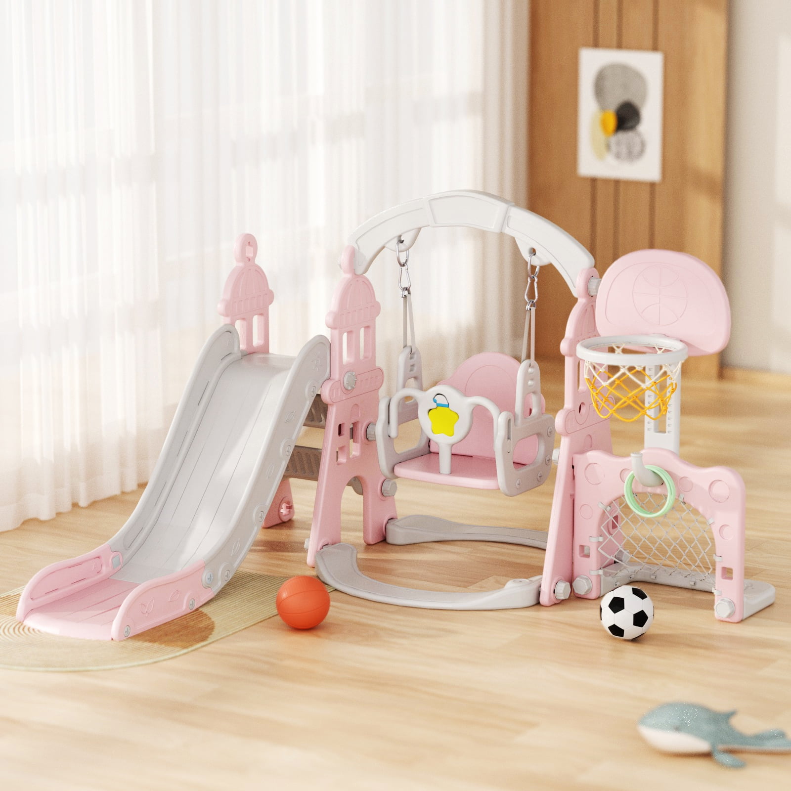 XJD 4-in-1 Toddler Slide With Basketball Hoop & Ring Toss - Foldable, Indoor/Outdoor, For Ages 1-3 (Pink)