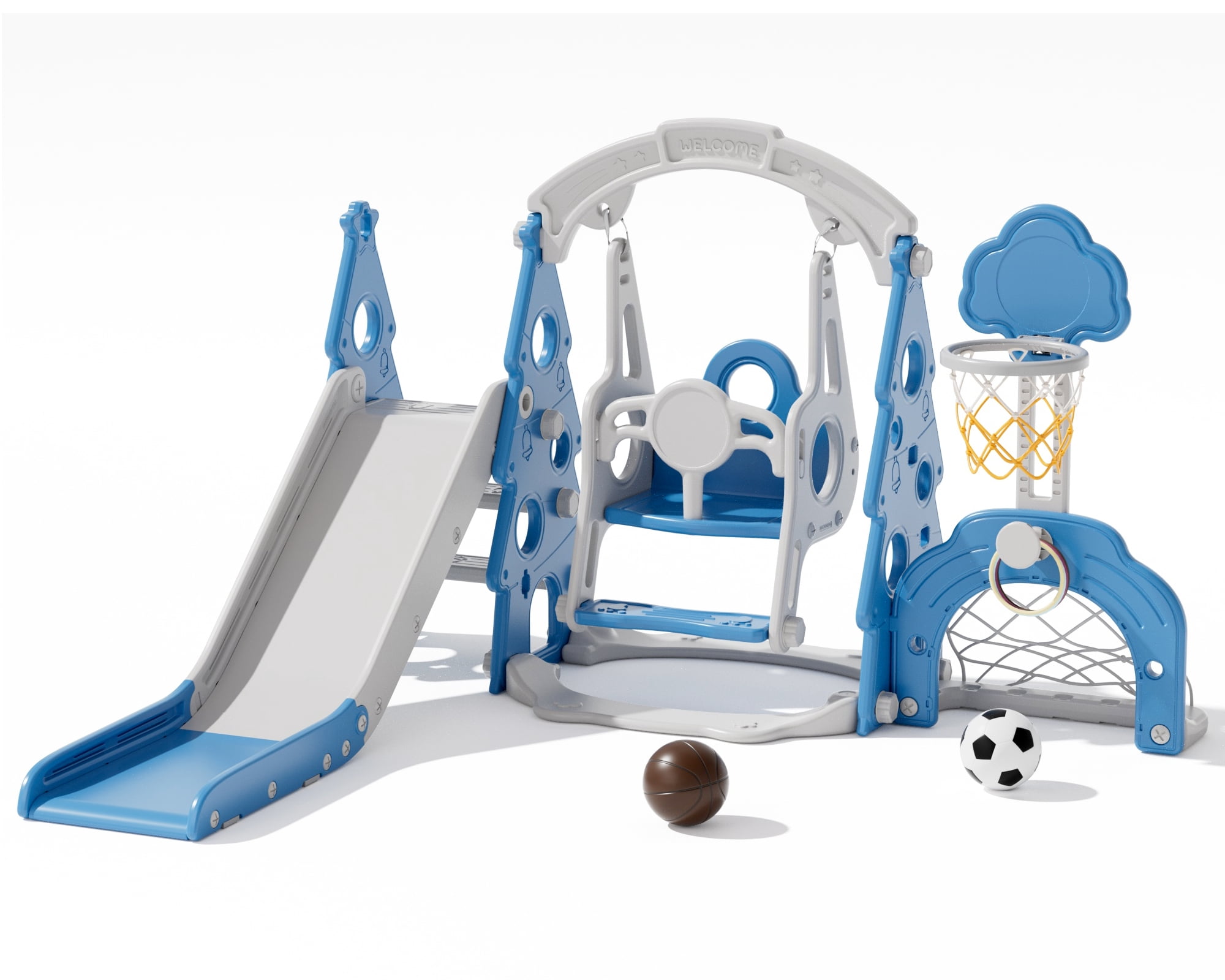 XJD 6-in-1 Toddler Slide and Swing Set, Kids Indoor Outdoor Playset with Basketball Hoop, Backyard Playground for Toddlers 1-3 Years Old, Blue