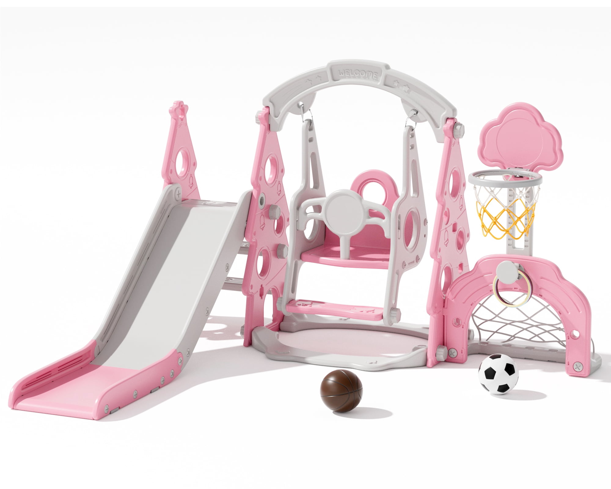XJD 6-in-1 Toddler Slide and Swing Set, Kids Indoor Outdoor Playset with Basketball Hoop, Backyard Playground for Toddlers 1-3 Years Old, Pink