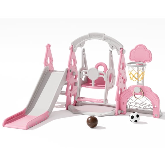 XJD 6-in-1 Toddler Slide and Swing Set, Kids Indoor Outdoor Playset with Basketball Hoop, Backyard Playground for Toddlers 1-3 Years Old, Pink