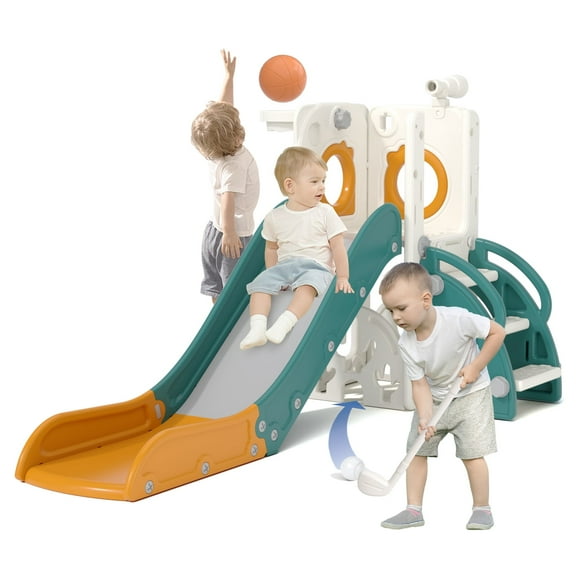 XJD 7-in-1 Toddler Slide for 1-3 Years Old, Indoor & Outdoor Kids Plastic Slide with Basketball Hoop & Upgraded Golf Game, Green