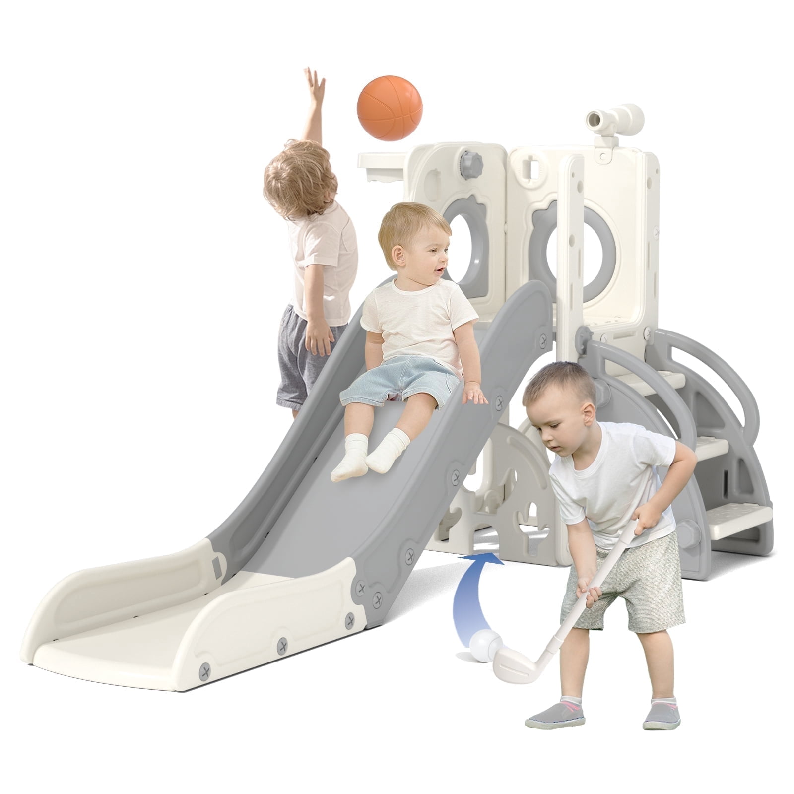 XJD 7-in-1 Toddler Slide for 1-3 Years Old, Indoor & Outdoor Kids Plastic Slide with Basketball Hoop & Upgraded Golf Game, Gray