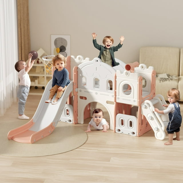 XJD 7 in 1 Toddler Slide Set, Kids Slide for Toddlers Age 1+, Toddler Climber Slide Play Set With Basketabll Hoop and Ball, Outdoor Indoor Playground for Toddlers 1-3(Pink)