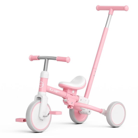 XJD 7 in 1 Toddler Tricycle with Push Handle for 1-3 Years Old Kids, ,Toddler Balance Bike with Adjustable Seat Height and Removable Pedal, Pink