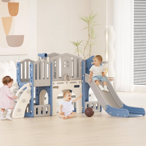XJD 8 in 1 Toddler Slide Set, Kids Slide for Toddlers, Toddler Climber Slide PlaySet with Basketball Hoop,Outdoor Indoor Playground for Toddlers, Blue