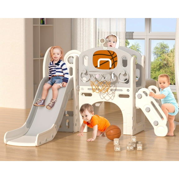 XJD 8-in-1 Toddler Slide Set，Kids Slide for Toddlers Age 1+, Toddler Climber Slide PlaySet with Basketball Hoop and Ball,Indoor Outdoor Slide Toddler Playset Toddler Playground Sets for Backyards