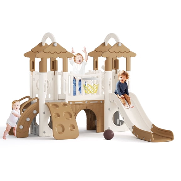 XJD 9-in-1 Jungle Toddler Slide with Climber, Indoor Outdoor Kids Slide with Basketball Hoop, Telescope and Climbing Wall, Indoor Slide Playset for Toddlers 1+