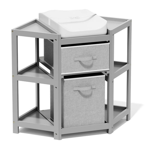 XJD Corner Baby Changing Table Diaper Changing Station with Storage Drawers with Laundry Hamper, Storage Bin, and Contoured Pad for Baby - Gray