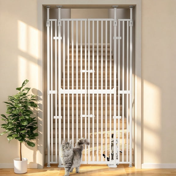XJD Extra Tall Cat Gate for Doorway, Pressure Mounted Pet Gate 74.8"-90.5" height x 30.3"-47.2" width adjustability, double lock, pressure-mounted installation. 4 extensions, small pets