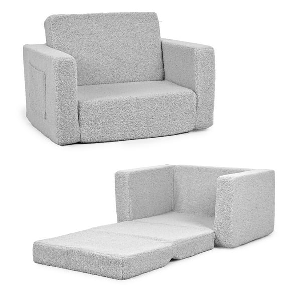 XJD Fold-Out Toddler Chairs for Kids, 2-in-1 Toddler Soft Sherpa Baby Couch Fold Out, Convertible Sofa to Lounger for Girls and Boys, Gray