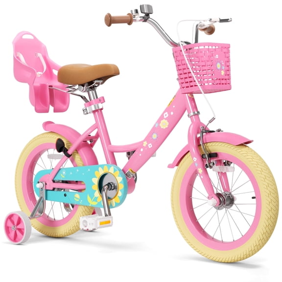 XJD 14 inch Kids Girls Bike for Ages 3-5 Years Child with Handbrake 14" Children Bicycle with Training Wheels Basket Toddler Cycle Bikes Pink