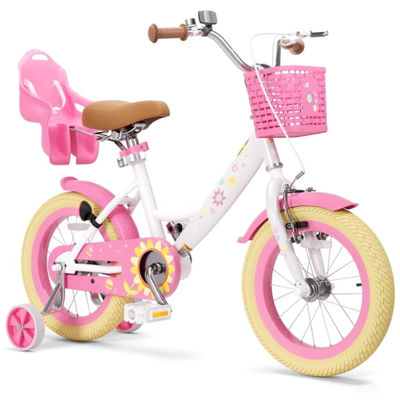 XJD 14 inch Kids Girls Bike for Ages 3-5 Years Child with Handbrake 14" Children Bicycle with Training Wheels Basket Toddler Cycle Bikes White