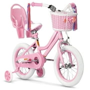 XJD Girls Bike for Toddlers 3-9 Years Old Kids, 14 Inch Kids Bike with Training Wheels, Streamers, Basket and Doll Seat, Children Bicycles with Handbrake