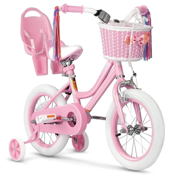 XJD Girls Bike for Toddlers 3-9 Years Old Kids, 14 Inch Kids Bike with Training Wheels, Streamers, Basket and Doll Seat, Children Bicycles with Handbrake