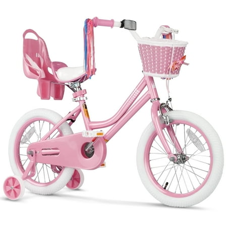 XJD Girls Bike for Toddlers 3-9 Years Old Kids, 16 Inch Kids Bike with Training Wheels, Streamers, Basket and Doll Seat, Children Bicycles with Handbrake