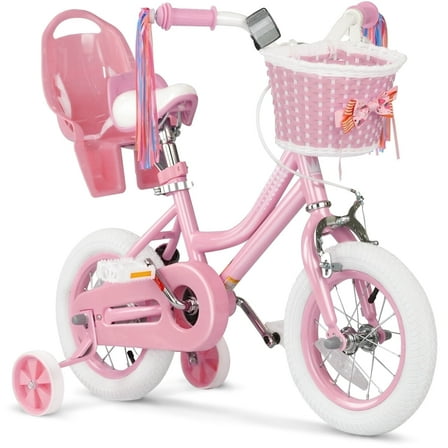 XJD Girls Bike for Toddlers 3-9 Years Old Kids, 12 Inch Kids Bike with Training Wheels, Streamers, Basket and Doll Seat, Children Bicycles with Handbrake