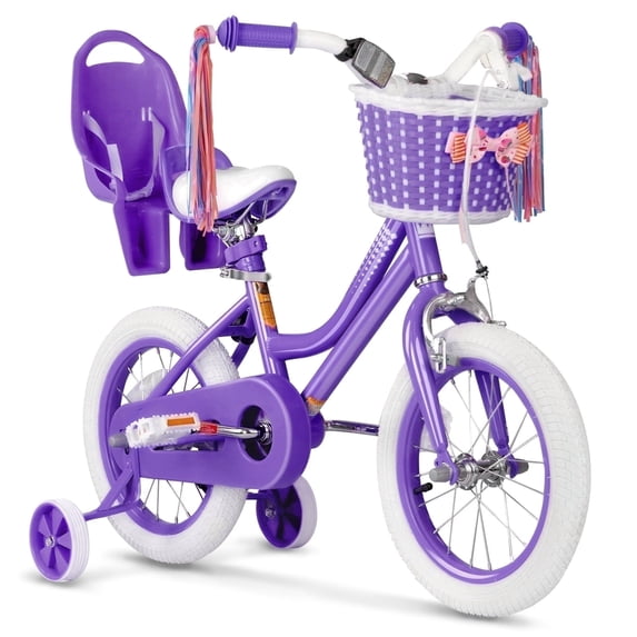 XJD Girls Bike for Toddlers 3-9 Years Old Kids, 14 inch Kids Bike with Training Wheels, Streamers, Basket and Doll Seat, Children Bicycles with Handbrake