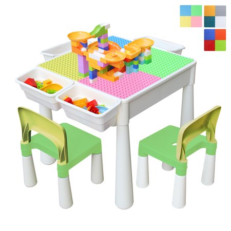 XJD Kids 7-in-1 Multi Activity Table Set - Building Block Table with Storage - Play Table Includes 2 Chairs and 100 Pieces Marble Run Building Blocks for Ages 1 and Up (Macaron color)