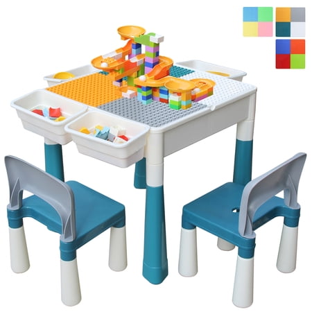 XJD Kids 7-in-1 Multi Activity Table Set - Building Block Table with Storage - Play Table Includes 2 Chairs and 100 Pieces Marble Run Building Blocks for Ages 1 and Up (Morandi Color)