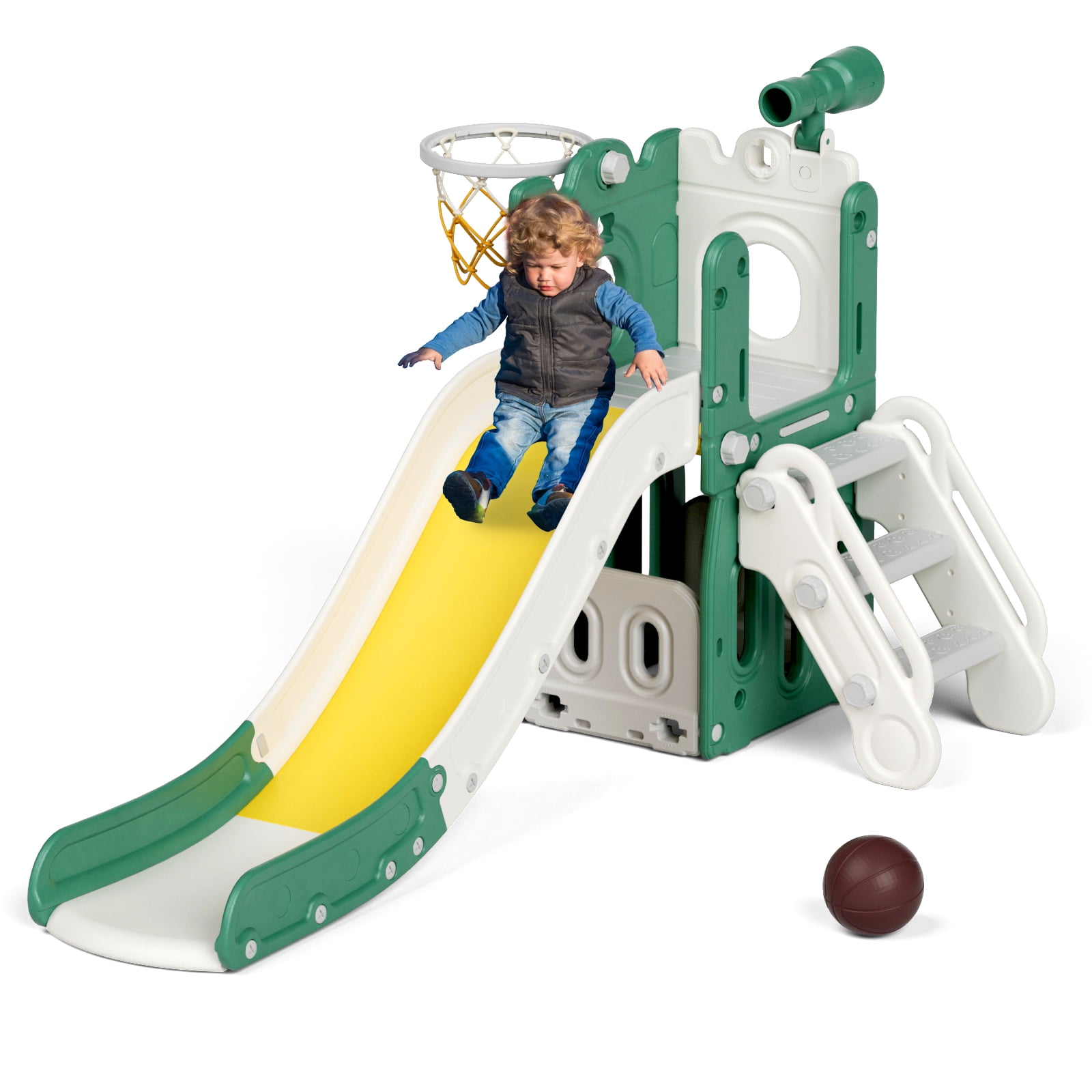 XJD Toddler Slide, 5 in 1 Kids Indoor Slide for Toddlers 1-3, Baby Slide for Indoor Outdoor with Basketball Hoop and Telescope, L Shaped Slide for XJD Toddler Slide, 5 in 1 Kids Indoor Slide for Toddlers 1-3, Baby Slide for Indoor Outdoor with Basketball Hoop and Telescope, L Shaped Slide for