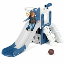 XJD Toddler Slide with Climber, 5-in-1 Kid Indoor Playground Freestanding Playset, Outdoor Slide Toddlers Climber and Slide Set with Basketball Hoop and Climber for Kids Age 1+, Blue