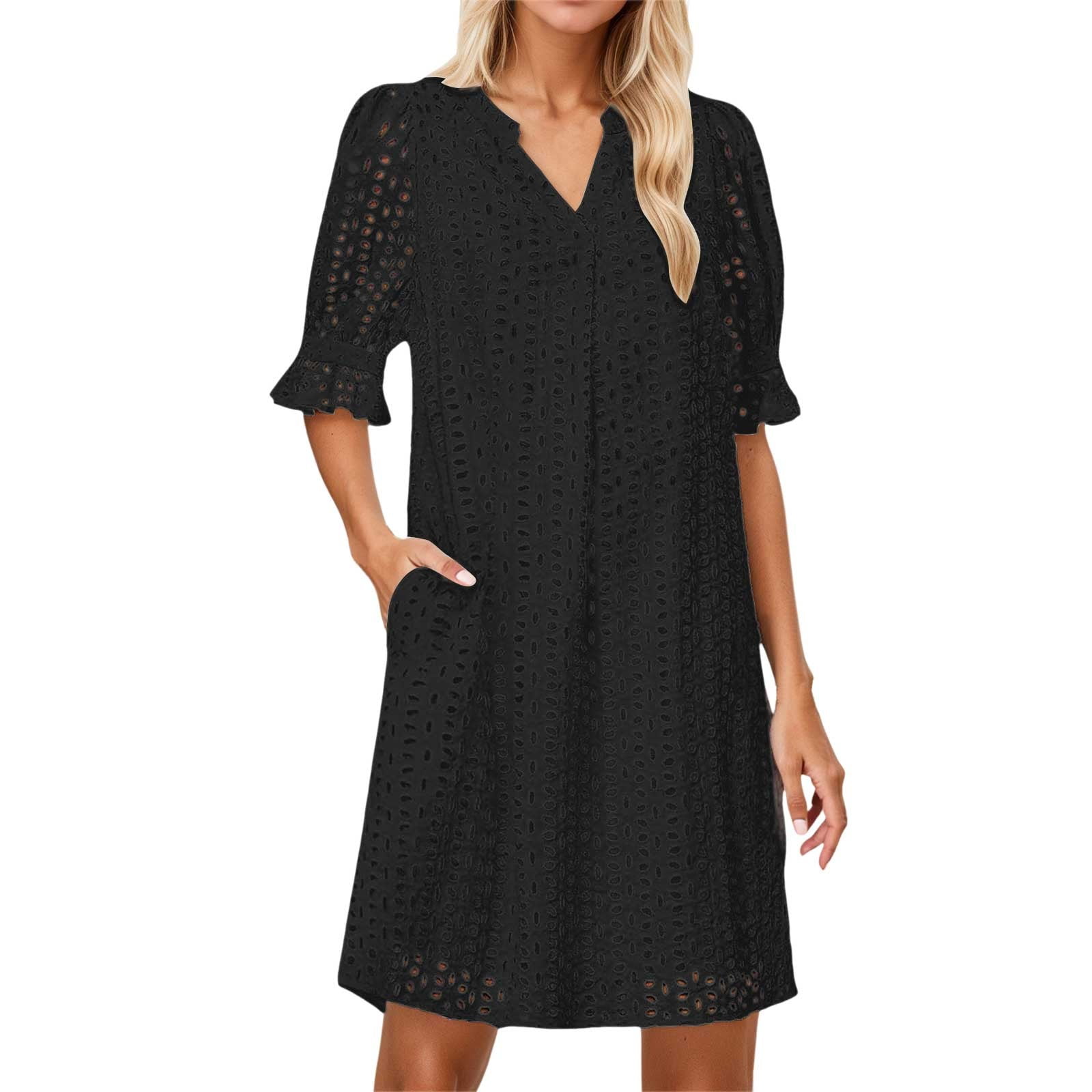Eyelet Lace Mini Dress Women's Summer - V-Neck, Short Sleeve, Flowy A-Line,  Available In 8 Colors Eyelet Dresses