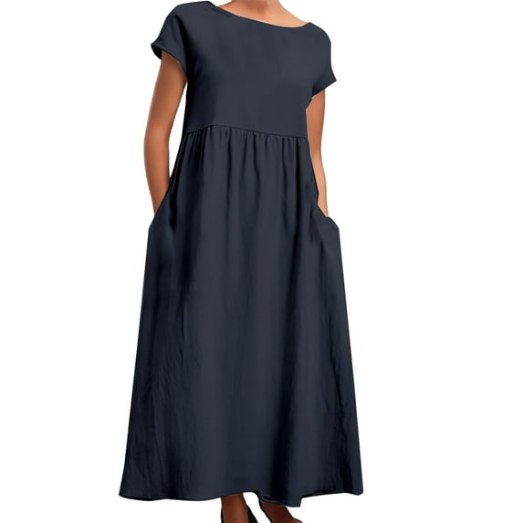 XJDJHC Dresses For Women Casual Solid Color Sleeveless Loose Linen Dress With Side Pockets Fashion Outfits