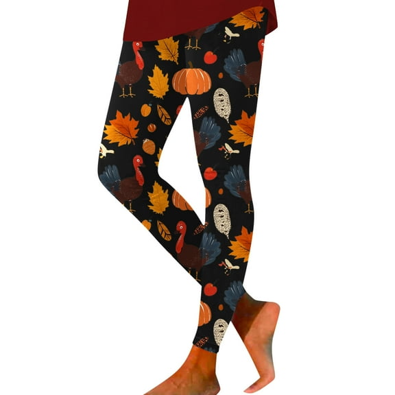 XJDJHC Thanksgiving Leggings For Women Maple Leaf Pumpkin Print High Waisted Tummy Control Graphic Funny Workout Gym Stretchy Yoga Pants