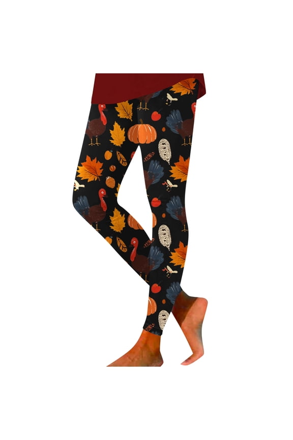 Thanksgiving Leggings For Women Maple Leaf Pumpkin Print High Waisted Tummy Control Graphic Funny Workout Gym Stretchy Yoga Pants