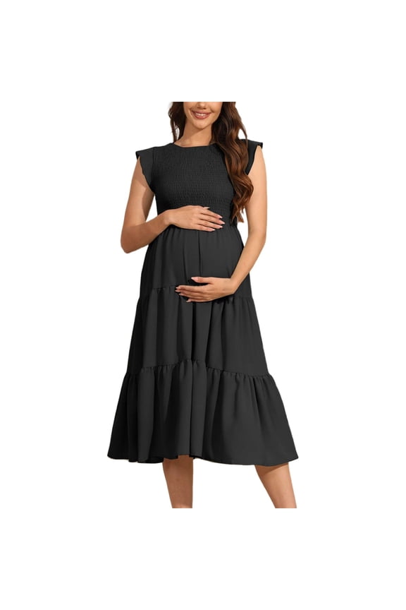 Women's Materntiy Dress Maternity Casual Short Sleeve Crew Neckdress Pregnant Bohemian Solid Color Flowy Maxi Dresses Tiered Womens Dresses