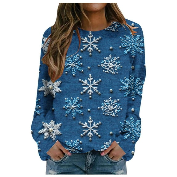 XJDJHC Womens Knit Sweaters Sweatshirts Cute Holiday Christmas Snowflake Printed Crewneck Hoodies Winter Long Sleeve Tops