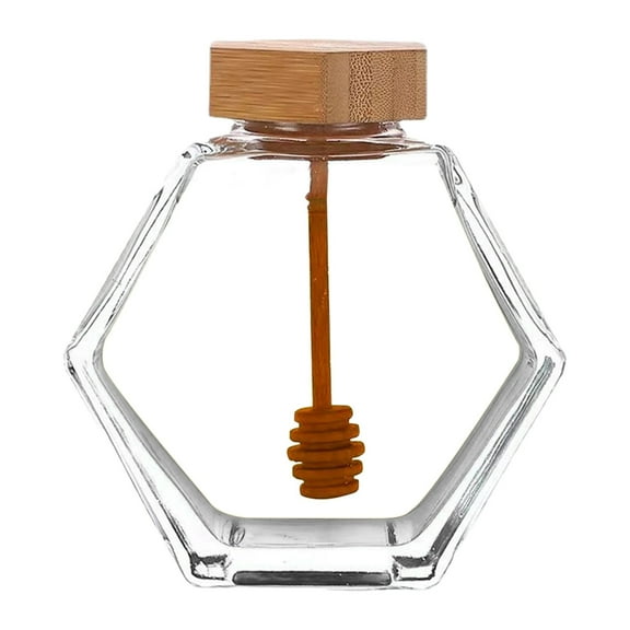 XJGHHSY 1 Pack 13 oz Honey Pot Jars, Glass Honey Pot with Wooden Dipper and Cork Lid, Hexagon Shape Honey Container Dispenser Storage, Clear Heat-Resistant Honeypot for Home, Kitchen,Clear