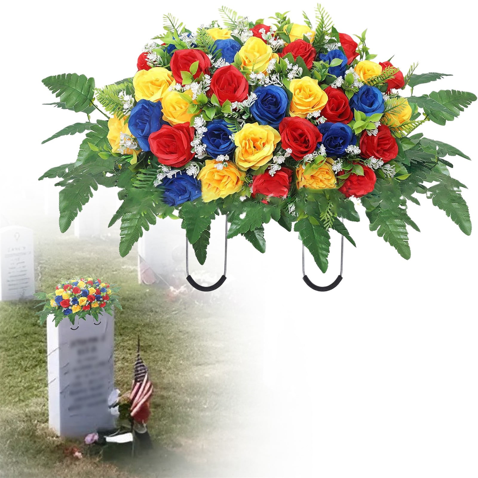 XJGHHSY 1 Pcs Artificial Cemetery Flower Saddles, Rose Headstone Flower Saddle,Cemetery Memorial Flowers for Outdoor Grave tombstone Decorations,Multicolor
